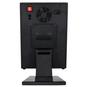 Black device rear with fan, power, and stand.