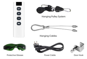 Accessories including remote, pulley, cables, glasses, power cable, and door...