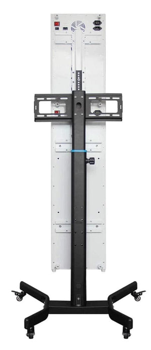 Rolling TV stand with integrated control panel.