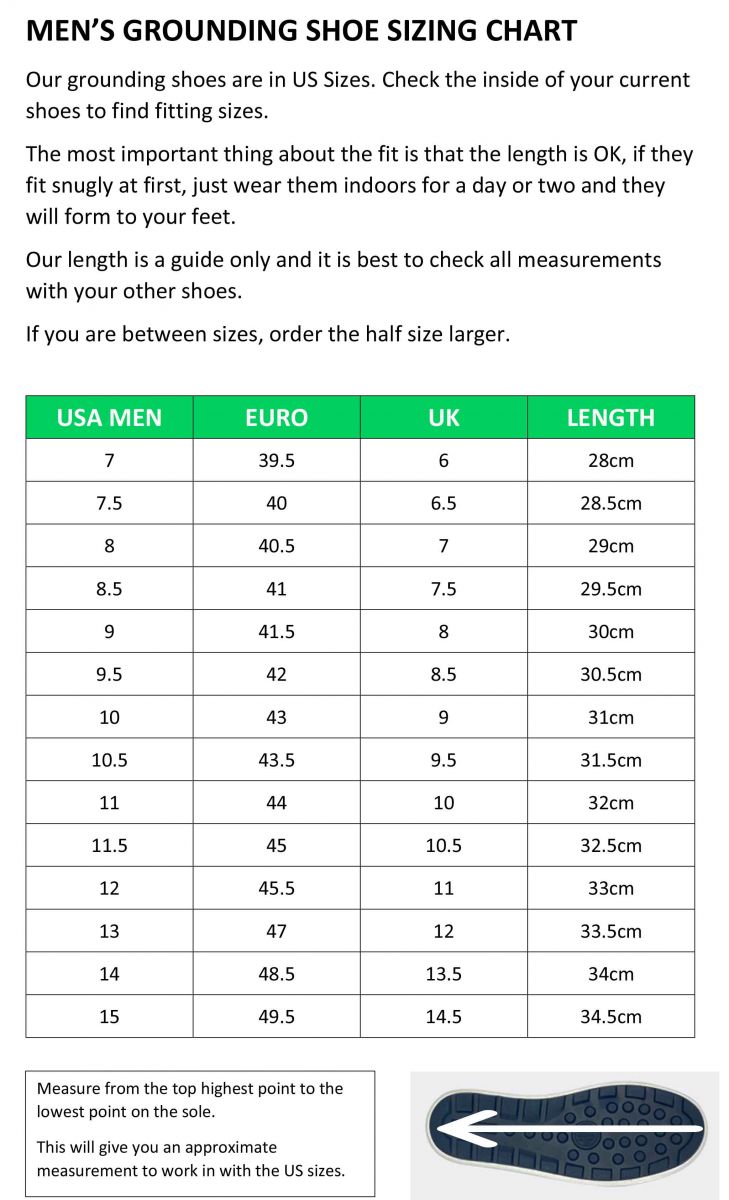 Mens Grounding Shoes Size Chart